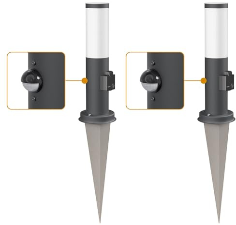 ledscom.de 2 pzas. luz de bolardo PORU Sensor con pica de tierra para exterior, 38cm, antracita 1xE27 max.15W zócalo