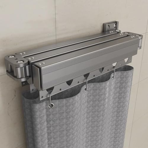 Bastone per tenda da doccia pieghevole, regolabile, design estensibile a parete, retrattile, per bagno, lavanderia, uso ad angolo, salvaspazio, nero (2 volte)
