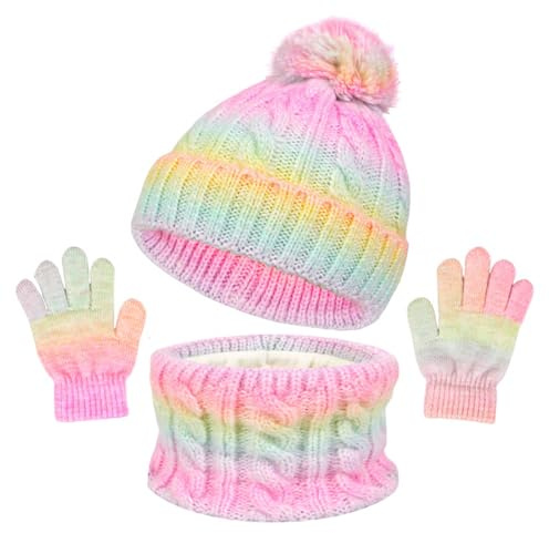 Kunyeah Toddler Beanie Hat Scarf Gloves Set Kids Knitted Mitten Fleece Lined Cap Neck Warmer for Boy Girl 3-10 Years (Neck Warmer, Pink-yellow)