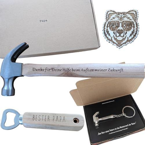 Geschenkset für Papa – Hammer mit Gravur, Flaschenöffner, Kühlschrankmagnet & Schlüsselanhänger (Papa)