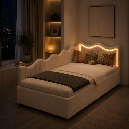 BSCFHCZ Bett 90x200 mit Stauraum, Einzelbett mit LED-Beleuchtung und hydraulischem Stauraum, Polsterbett Schlafsofa 90x200, Kinderbett Jugendbett Daybett, Beige Samtstoff, Ohne Matratze