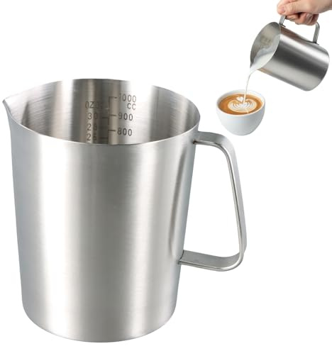 Vaso Medidor de 1L de Acero Inoxidable de Grado Alimentario, Jarra Medidora con Asa, Escala de onzas y ml, Medidor de Líquidos para Jarra de Leche, Cafetera, Cubitera de Hielo
