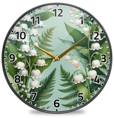 WELLDAY Wall Clock Non Ticking 10 Inch - Palm Leaf Lily Floral Battery Operated Quartz Silent Round Clock for Home/Office/Kitchen/Classroom