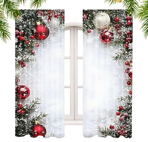 Beiykhera Weihnachts Fenster Vorhang - 2 Stück Weihnachtskugel Druck Bezug | 2D Flach Gedruckte Vorhänge Mit Schneeflocken Und Kiefernzweig Muster | Für Schlafzimmer Wohnzimmer Innenbereich