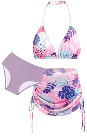 Arshiner Filles Ensemble Bikini 3 Pièces Enfants Maillot de Bain à Bretelles avec Jupe Imprimé Eté Hawaïenne Ensemble Bikini pour Filles 11-12 Ans
