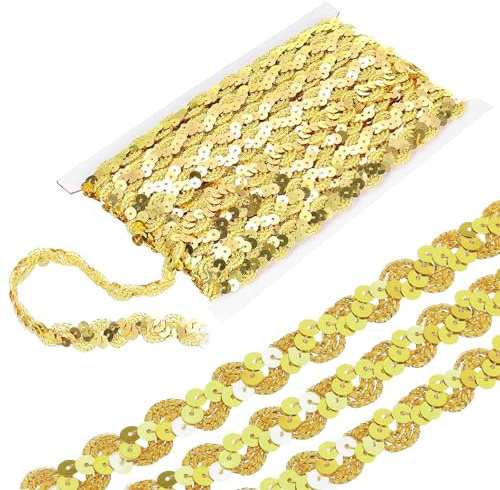 LNSYSNS Tira de Lentejuelas de Poliéster en Forma de S, 30 m x 15 mm, Cinta Decorativa en Rollo, Oro, para Ropa, Sombreros, Cortinas