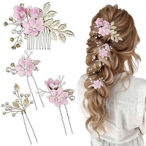 4 accessori per capelli da sposa per donna, Pettinino Capelli Perle Capelli Cerimonia Strass Eleganti, accessori per da damigella d'onore con fiori, Decorativo