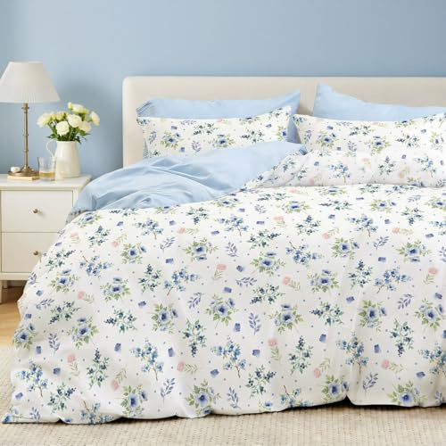Tospass Blumen Bettwäsche 155x220 Blau Rosa Floral Aesthetic Bettwäsche Set | Mädchen Bettwäsche mit Schleifenmuster, 2 teilig, Microfaser ÖKO-TEX Bettbezug mit Reißverschluss und 1 Kissenbezug 80x80cm