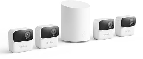Reolink Pack 4 Telecamere Argus MagiCam Senza Fili Magnetiche Home Hub Mini Centro di Sicurezza All-in-One, Autonomia 9 Mesi, Rilevamento IA, IP67, WiFi 2,4/5GHz, Memoria Locale