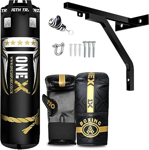 Punch Bag Filled 4FT Punch Bag Set, Maya Hide Leather Heavy Punching Bag with Gloves Wall Bracket Hanging Straps etc. Boxing MMA Kickboxing Adult Fitness Gym Home