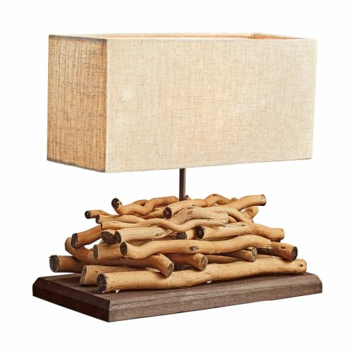 Loberon Tischlampe Caribou - leinen/braun | Martime Tischleuchte mit charaktervollem Treibholz-Gestell - Eckiger Lampenschirm - Jedes Stück Ein Unikat