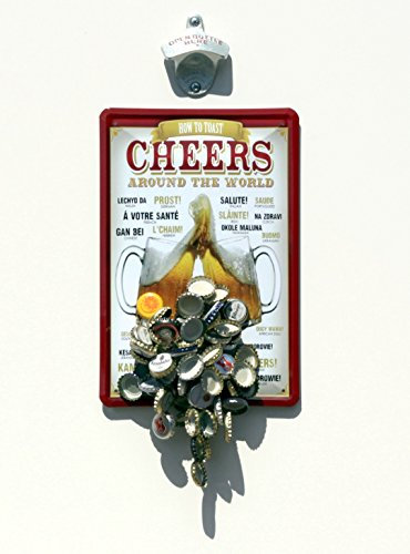 Wand-Flaschenöffner/STARR-X-Wandflaschenöffner mit Magnet-Falle/Fang + Blechschild Cheers, Prost, Salute! Bier - Gimmick
