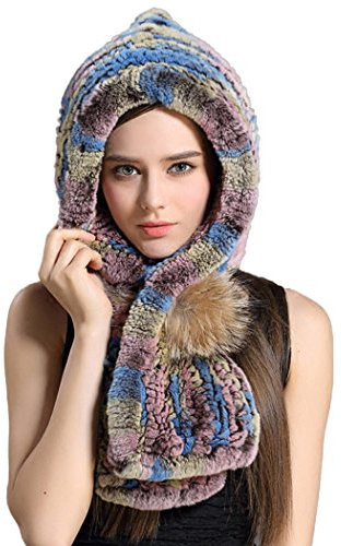 BeFur Neue Echte Rex Kaninchen Fellmütze Fell Schal Kapuze Kapuzenschal Plüschmütze Wintermütze mit großen Waschbär Kugel - color 3