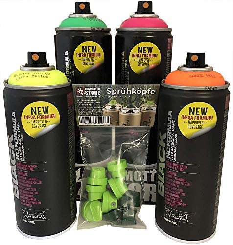 Montana Schwarzlicht Sprühdosen Set Infra Töne fluoreszierende Neon Farben 4 x 400ml und Ersatzsprühköpfe für Hobby Handwerk