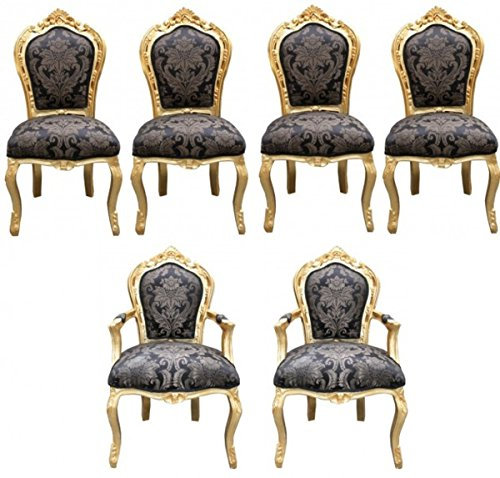 Casa Padrino Barock middagsset stol set svart mönster/guld – 4 stolar utan armstöd 2 stolar med armstöd – möbler antik stil