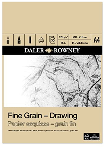 Daler Rowney Feinkörniges Skizzenpapier, leicht texturiert, A4-Block, 120 g/m², A4, einseitig verklebt, 30 weiße Bögen, ideal für professionelle Künstler und Studenten