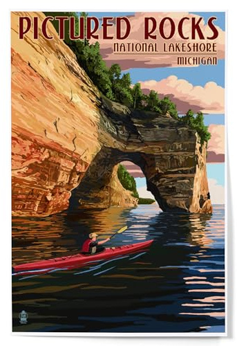 Lantern Press Pictured Rocks, Michigan, Kayaker, 12x18 Inch Art Print, Home Decor