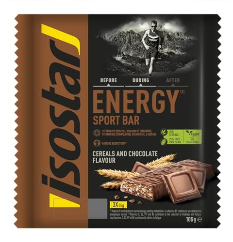 Isostar, Barritas Energy Sport con Niacina, Vitaminas B1, B2, C, E y B6. Ayudan a mantener el metabolismo energético normal y a reducir la fatiga. Sabor Chocolate, 3x40gr
