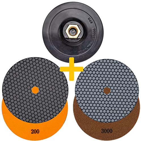 EDW Profi Diamant-Schleifpad Set für Trockenschliff, D = 100 mm, Körnung 200 + 3000, Klett-Aufnahmeteller M14, für Naturstein, Granit, Feinsteinzeug, Fliesen, Keramik, Kunststein, Glas,Marmor
