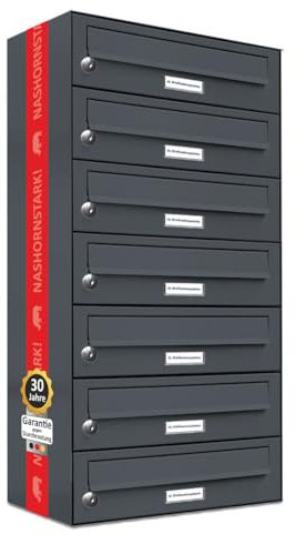 AL Briefkastensysteme 7er Briefkastenanlage Anthrazit Grau RAL 7016, Premium Briefkasten DIN A4, 7 Fach Postkasten modern Aufputz
