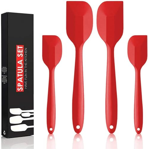 FloweryOcean 4 espátulas de silicona resistentes al calor, sin BPA, antiadherentes, Contiene núcleo de acero inoxidable y de diseño de una pieza sin costuras adecuado para Cocina y hornear (Rojo)