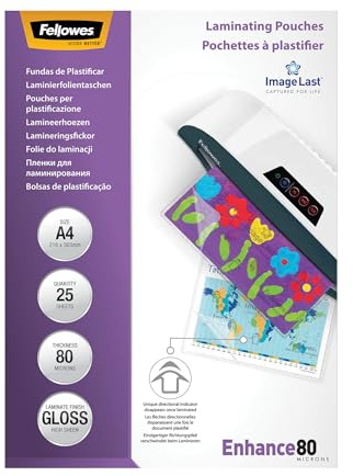Fellowes Fellowes Laminierfolien A4 ImageLast, Glänzend, 25 Stück, transparent mit Ausrichtungshilfe, Clear, 80 Mikron (2 x 80 mic)