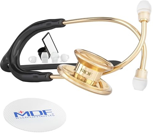MDF Instruments, MD One Stainless Steel Stethoscope, Adult, Black Tube, Gold Edition Chestpieces-Headset, MDF777K-11