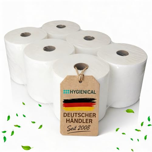 Premium Handtuchrollen 2-lagig, ca. 21 cm breit, aus 100% Zellstoff, kompatibel mit Spendern für Außenabwicklung, 6 Rollen – Weiche und saugstarke Papierhandtuchrollen