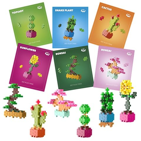 PLUS PLUS Botanicals Set - Decorative House Plant Building Blocks for Adults, 6 Brick Flowers & Plants, 3D Puzzle Model Kits for Home Decor with Bonsai, Cactus, Sunflower, Snake & Topiary, 240pcs