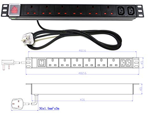 19 8 Way Power Distribution Unit (6x UK & 2x IEC C13) Extension PDU Data Rack