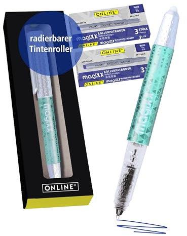 Online magiXX radierbarer Tintenroller Mint I Rollerball mit 0,7mm Strichstärke I inkl. 7x Patrone blau I radierbarer Stift zum Schreibenlernen, für Schüler und Studenten in Box