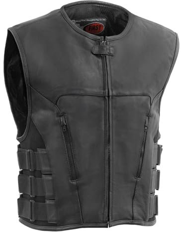 First Mfg Co - Commando - Men's Swat Style Leather Motorcycle Vest For Men with Adjustable Side Panels, Zipper Front Vest