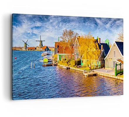 Wandbilder Dekoration Wohnzimmer Landschaft Windmühle Wasser Dorf Bilder auf Leinwand 120x80cm Leinwandbild Schlafzimmer Deko Wand Kunstdruck Art Groß XXL Wanddeko Bild Wall Decor Canvas AA120x80-2866