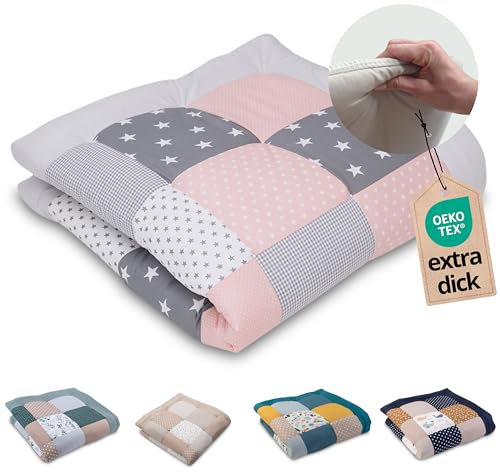 ULLENBOOM Krabbeldecke für Baby 120x120 cm, 100% OEKO-TEX Materialien, Made in EU, Dick & weich gepolstert, Rosa Grau - ideal als Babydecke & Spieldecke Baby