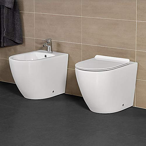 Coppia Sanitari Filo Muro Rimless, Bianco, Design Moderno, Completo di Copriwater con Chiusura Soft-Close