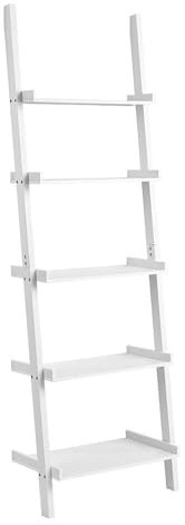Home Source Ladder Bookcase Shelving Unit Display Ornament Stand Shelf Wall Rack Storage, White, 5 Tier