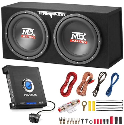 MTX 12-Inch Dual Subwoofer with Amp & Wiring Kit - Car Sound System Bundle with 1200W Peak Loaded Enclosure, Planet Audio Peak 1500W Monoblock Amplifier, and Soundstorm 8 Gauge Wiring Set