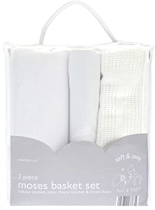 3PC White Moses Basket Set Baby Bedding KIT * Cellular Blanket Polar Fleece Blanket Fitted Sheet