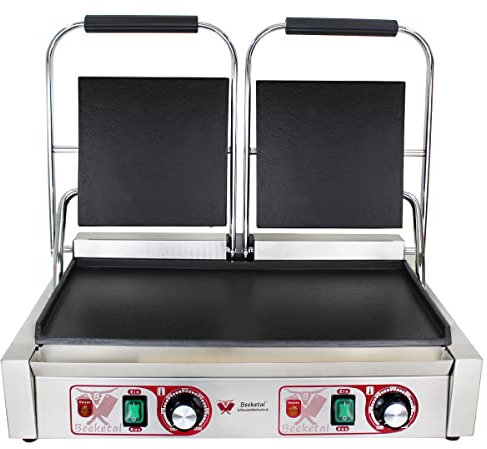 Beeketal 'BKG9' Gastro Doppelt Kontaktgrill mit Gusseisen Grillpatten (oben und unten glatt) mit Fettauffangschale, Profi Edelstahl Elektrogrill ideal als Panini Grill Maker oder Sandwich Toaster