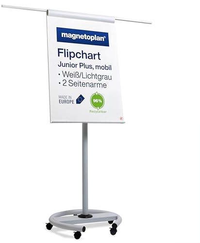 magnetoplan Flipchart Junior Plus, mobil | Schreibfläche: 680x1040 mm | Farbe: Weiß/Lichtgrau | Mobil mit 5 Rollen | Inkl. 2 Seitenarmen | Für Präsentationen, als Magnettafel & Whiteboard