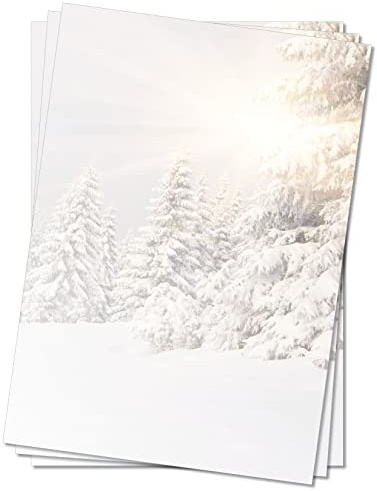 LYSCO Motivpapier Briefpapier (Winter-5059, DIN A4 100 Blatt) Tiefverschneite Winterlandschaft mit Bäumen welche unter der Schneelast ächzen, die Sonne strahlt vom Himmel