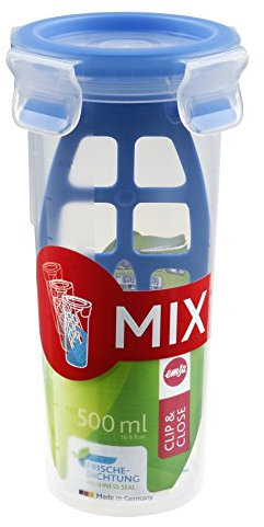 EMSA Clip & Close Mixbecher, rund, 0,5 L, inklusive Mixeinsatz, mit Deckel, Aufbewahrungsbox, 100 Prozent dicht, spülmaschinen-, gefrier-, mikrowellenfest, Transparent, Blau, Made in Germany, 508555