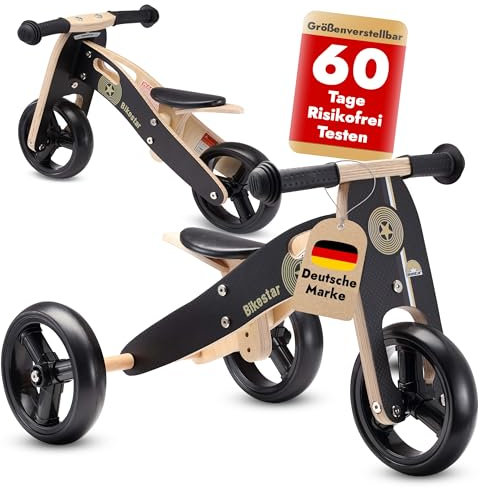 BIKESTAR Mini Kinder Laufrad Holz Lauflernrad mit DREI Rädern für Jungen und Mädchen ab 1 – 1,5 Jahre | 2 in 1 Kinderlaufrad | Schwarz | Risikofrei Testen