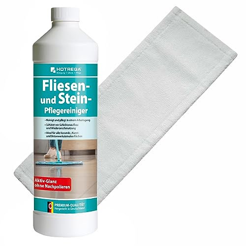 HOTREGA Fliesenreiniger und Steinpflegereiniger 1 Liter Konzentrat | Schutz vor Neuverschmutzung Fett Öl Seife | inkl. Microfasermopp 40 cm
