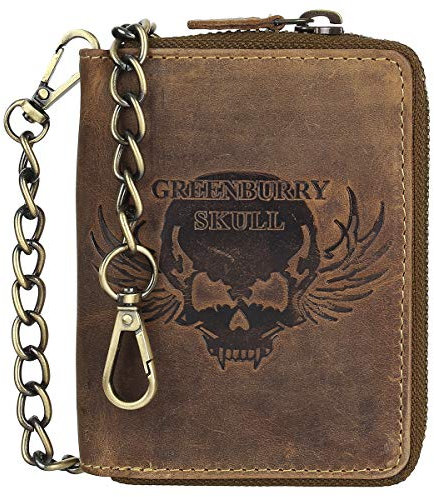 Greenburry Vintage Leder Reißverschluss Geldbörse Portemonnaie Bikerbörse mit Kette Totenkopf BV-821A-Skull-25