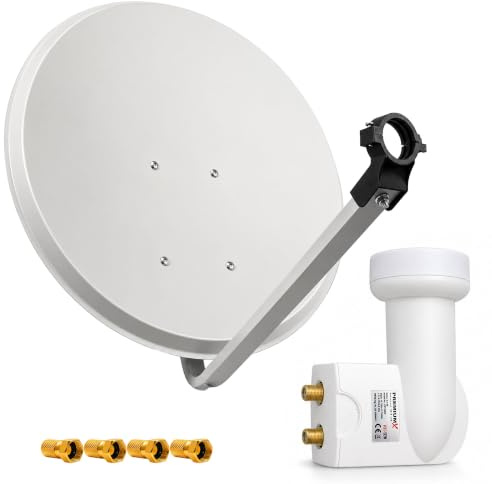 PremiumX Satelliten-Komplettanlage 80cm Satellitenschüssel Aluminium Hellgrau Twin LNB 4X F-Stecker, SAT bis 2 Teilnehmer