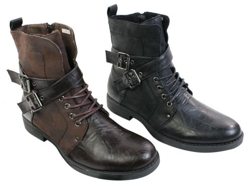 Elong Mens Punk Rock Goth Elmo Ankle Boots Brown Black Leather Buckle, Black, 11