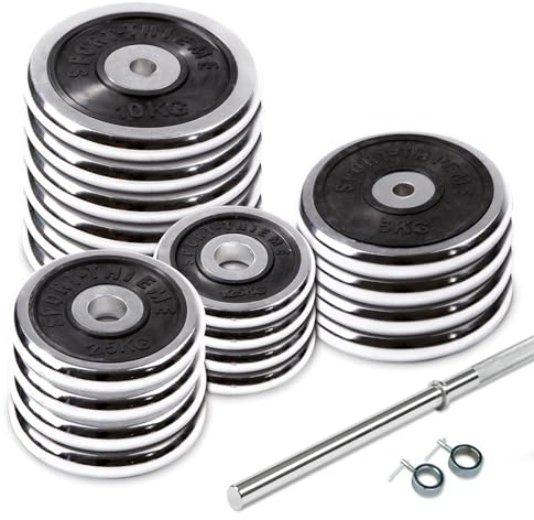 Sport-Thieme Chrome-Langhantel-Set 100 kg | langlebig | Für Home-Workouts | Gerändelter Griff | Stange aus Stahl | Ø 30 mm | Inkl. Hantelscheiben u. 2 Stellringe
