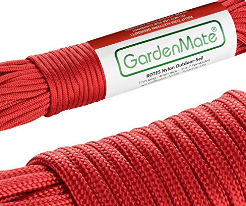 GardenMate Professionellt utomhusrep i nylon, paracord 550, 31 m långt, 4 mm tjockt, rivbeständigt kernmantelrep med 7 kärntrådar, röd