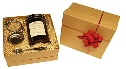 Blue Sapphire Tea Gift Set Black Loose Leaf Wrapped 100g in Caddy with Tea Strainer and Measuring Spoon by TeaCakes of Yorkshire